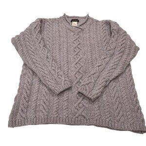 Paul James England Wool Cable Knit Fisherman V-neck Sweater, Gray, XL